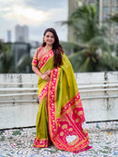 Parrot Green & Magenta Premium Luxury Silk Saree with Elephant Zari Motifs & Heavy Lotus Border