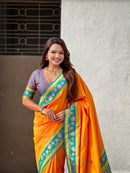 Mustard Gold & Teal Green Premium Luxury Silk Saree with Gold Zari Lotus Border & Royal Pallu