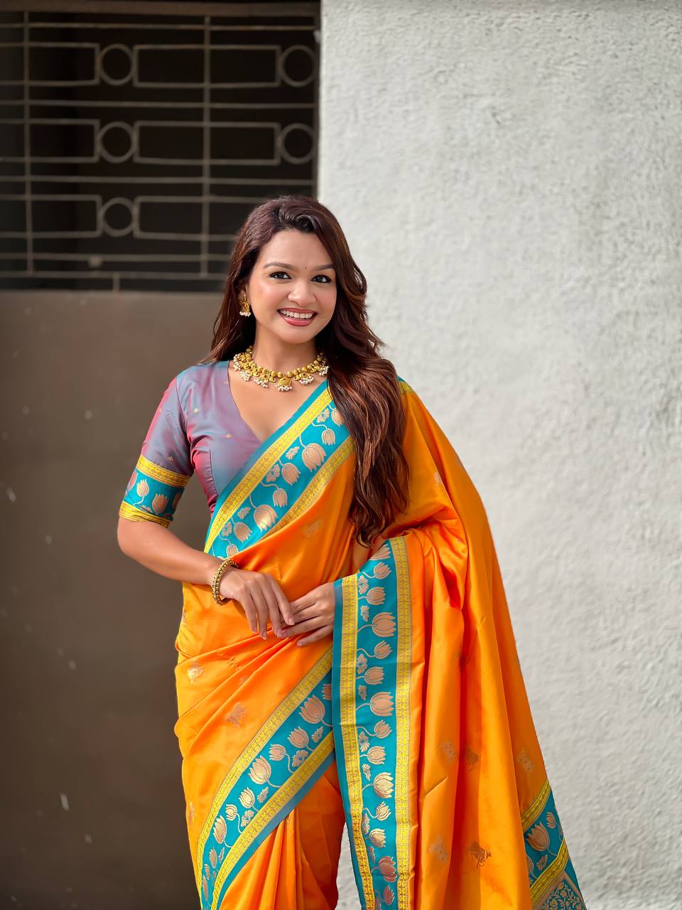 Mustard Gold & Teal Green Premium Luxury Silk Saree with Gold Zari Lotus Border & Royal Pallu