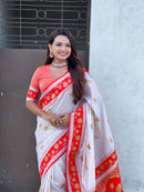 Ivory White & Crimson Red Premium Luxury Silk Saree with Gold Lotus Zari Border & Royal Pallu