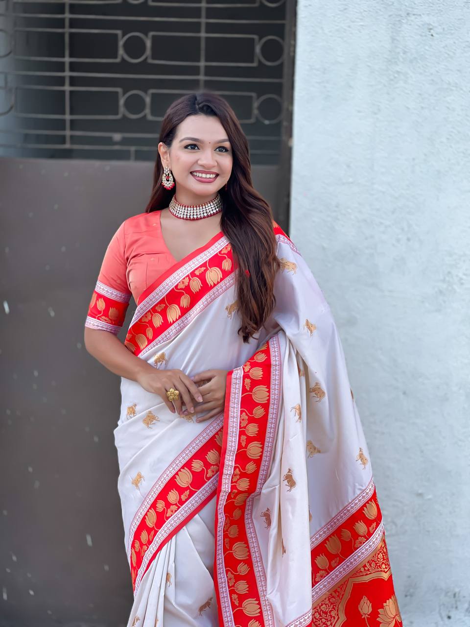 Ivory White & Crimson Red Premium Luxury Silk Saree with Gold Lotus Zari Border & Royal Pallu