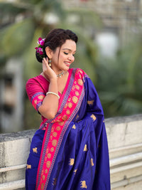 Royal Blue & Magenta Premium Luxury Silk Saree with Gold Zari Animal Motifs & Lotus Border