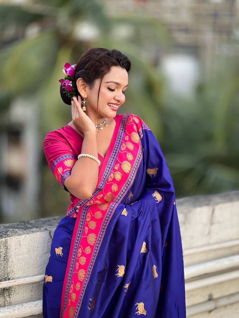 Royal Blue & Magenta Premium Luxury Silk Saree with Gold Zari Animal Motifs & Lotus Border