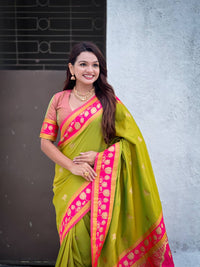 Parrot Green & Magenta Premium Luxury Silk Saree with Elephant Zari Motifs & Heavy Lotus Border