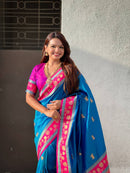 Teal Blue & Magenta Premium Luxury Silk Saree with Elephant Zari Motifs & Heavy Designer Border