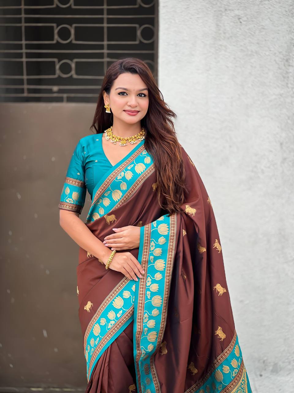 Chocolate Brown & Peacock Teal Premium Luxury Silk Saree with Elephant Zari Motifs & Grand Lotus Border