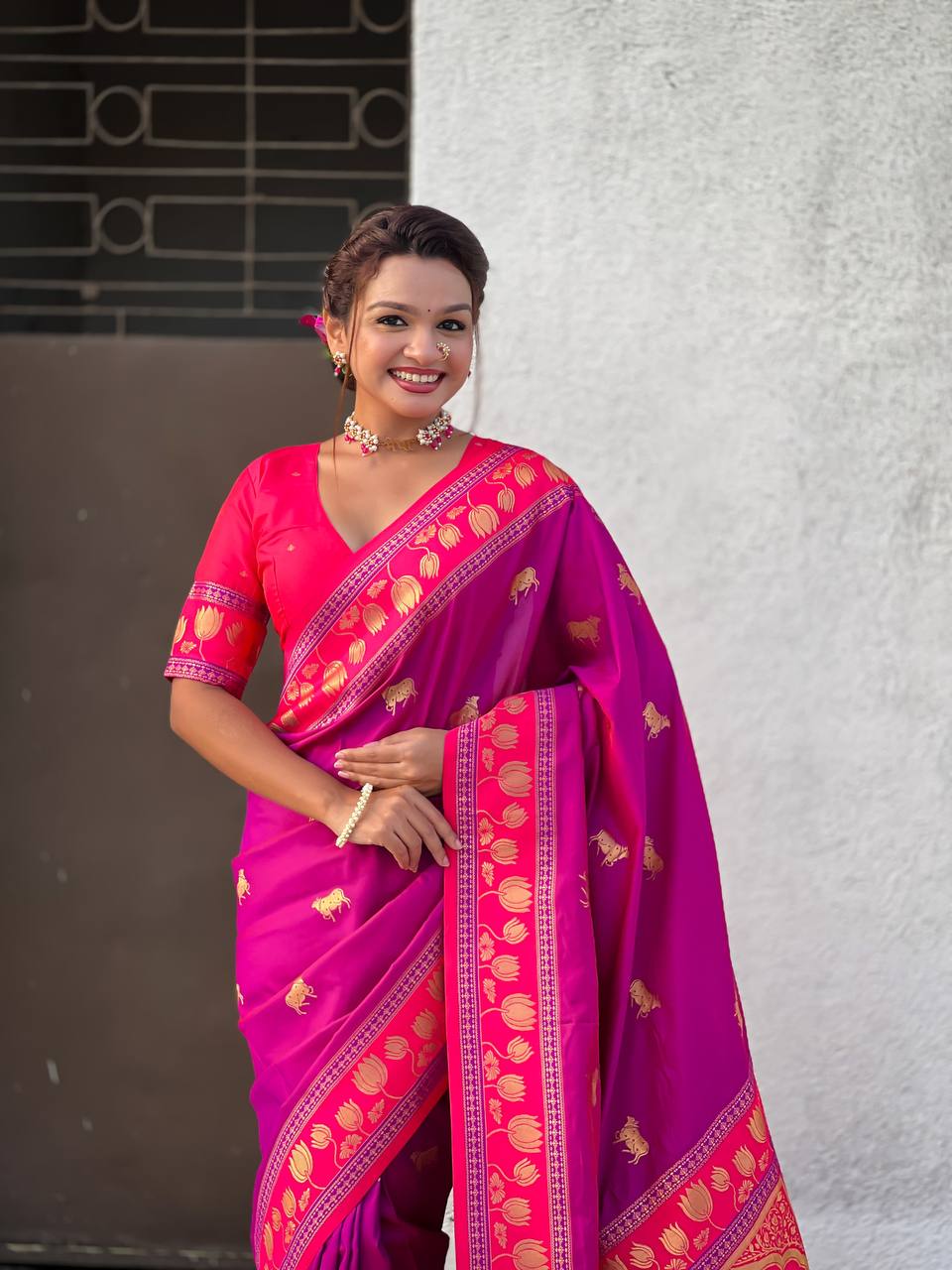 Wine & Crimson Red Premium Luxury Silk Saree with Gold Zari Animal Motifs & Lotus Border