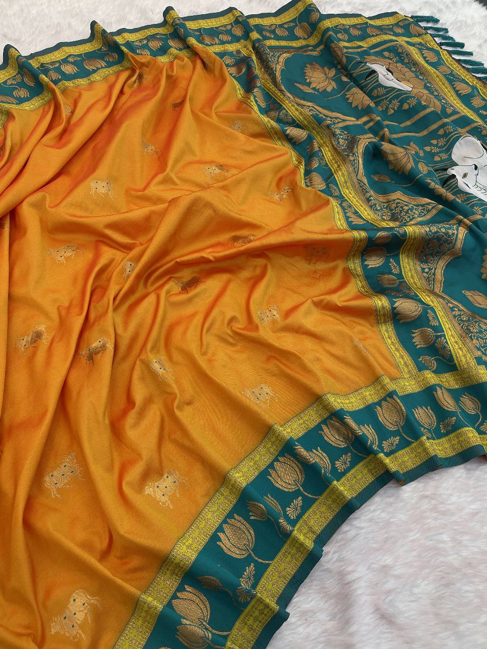 Mustard Gold & Teal Green Premium Luxury Silk Saree with Gold Zari Lotus Border & Royal Pallu