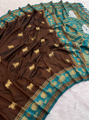 Chocolate Brown & Peacock Teal Premium Luxury Silk Saree with Elephant Zari Motifs & Grand Lotus Border