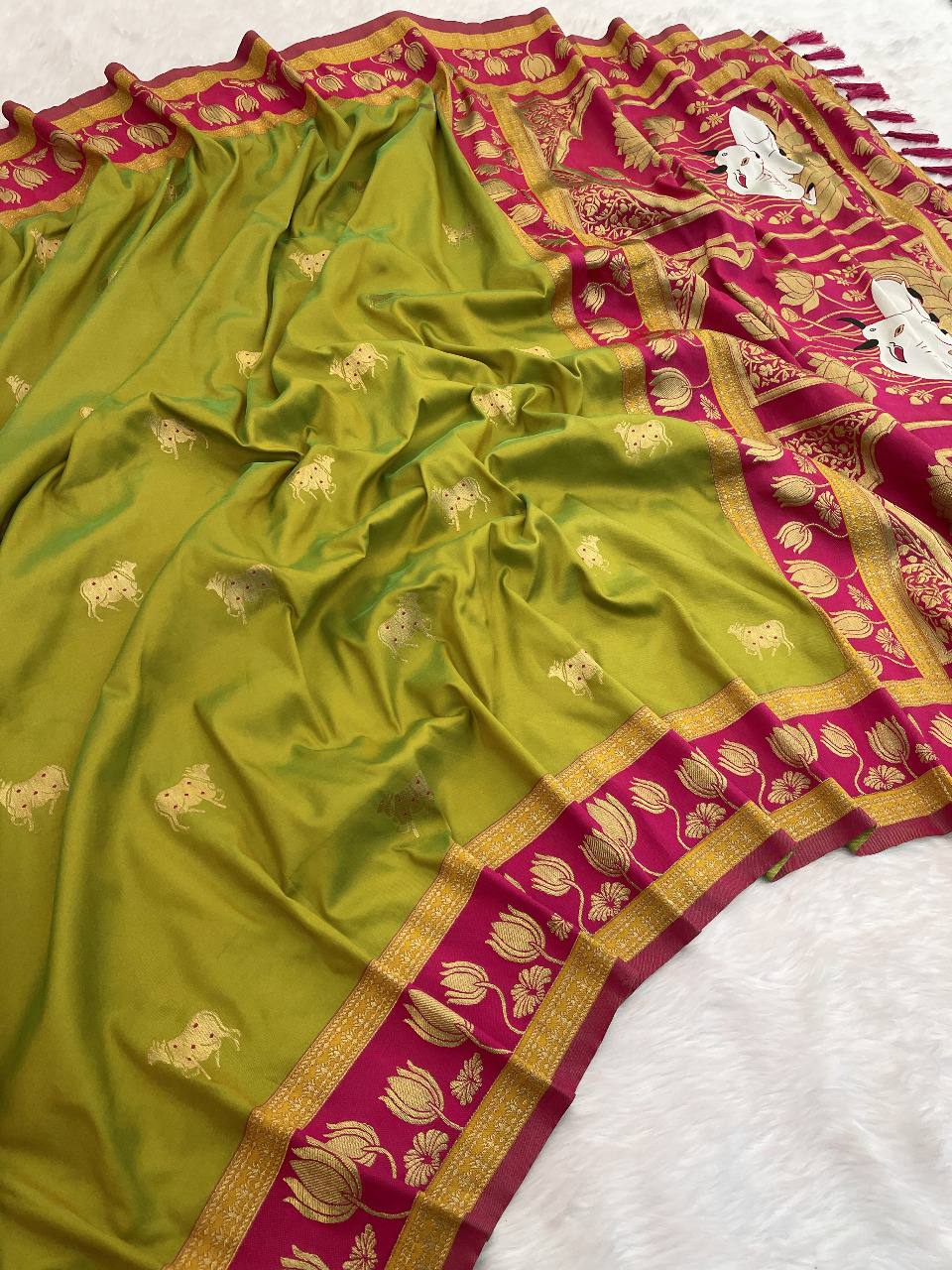 Parrot Green & Magenta Premium Luxury Silk Saree with Elephant Zari Motifs & Heavy Lotus Border