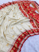 Ivory White & Crimson Red Premium Luxury Silk Saree with Gold Lotus Zari Border & Royal Pallu