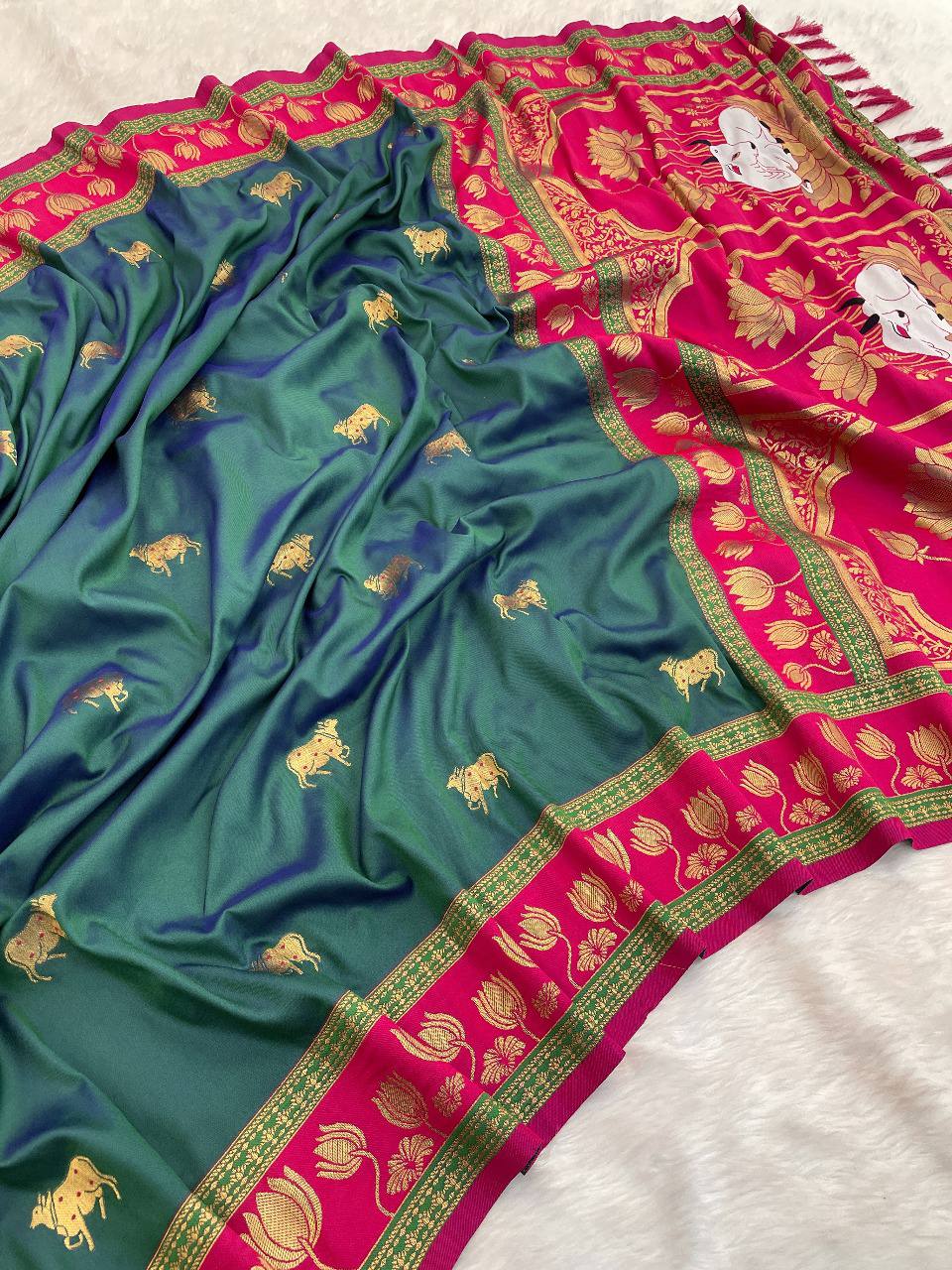 Teal Green & Rani Pink Premium Luxury Silk Saree with Elephant Zari Motifs & Grand Lotus Border