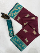 Chocolate Brown & Peacock Teal Premium Luxury Silk Saree with Elephant Zari Motifs & Grand Lotus Border