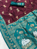 Chocolate Brown & Peacock Teal Premium Luxury Silk Saree with Elephant Zari Motifs & Grand Lotus Border