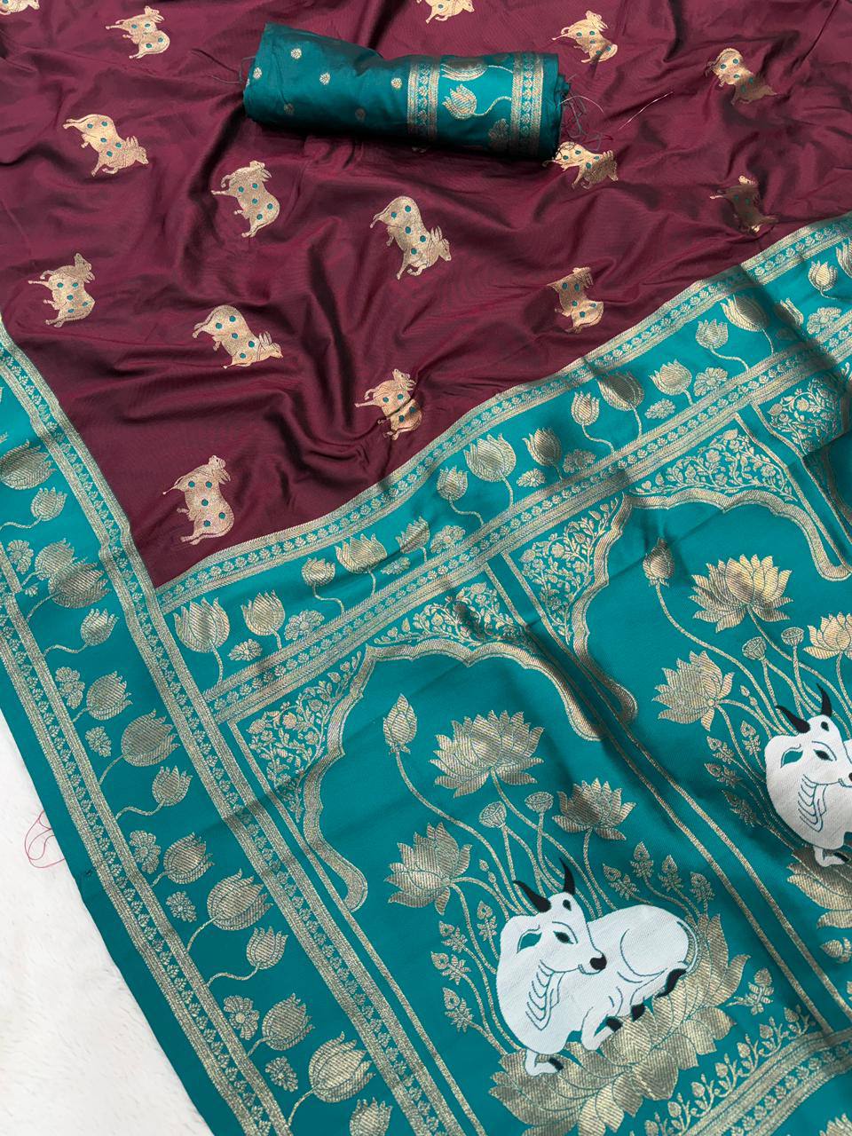 Chocolate Brown & Peacock Teal Premium Luxury Silk Saree with Elephant Zari Motifs & Grand Lotus Border