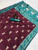 Chocolate Brown & Peacock Teal Premium Luxury Silk Saree with Elephant Zari Motifs & Grand Lotus Border