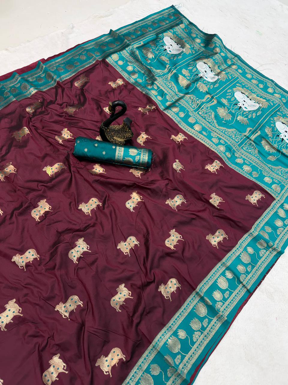 Chocolate Brown & Peacock Teal Premium Luxury Silk Saree with Elephant Zari Motifs & Grand Lotus Border