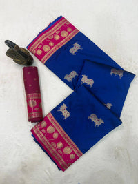 Royal Blue & Magenta Premium Luxury Silk Saree with Gold Zari Animal Motifs & Lotus Border