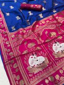 Royal Blue & Magenta Premium Luxury Silk Saree with Gold Zari Animal Motifs & Lotus Border