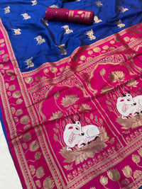 Royal Blue & Magenta Premium Luxury Silk Saree with Gold Zari Animal Motifs & Lotus Border