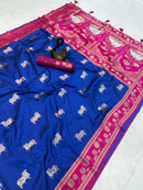 Royal Blue & Magenta Premium Luxury Silk Saree with Gold Zari Animal Motifs & Lotus Border