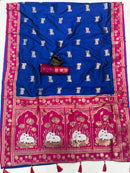 Royal Blue & Magenta Premium Luxury Silk Saree with Gold Zari Animal Motifs & Lotus Border