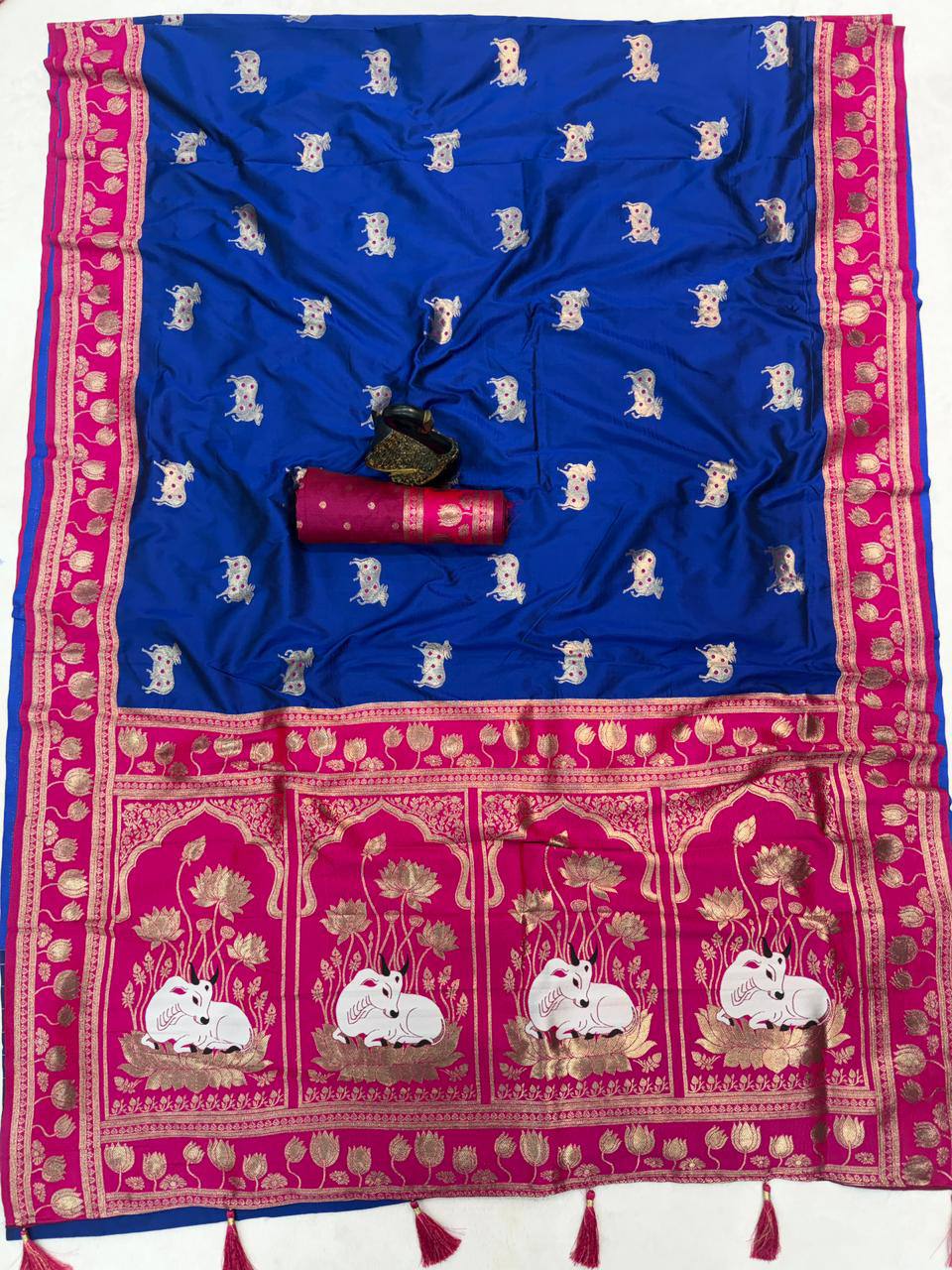 Royal Blue & Magenta Premium Luxury Silk Saree with Gold Zari Animal Motifs & Lotus Border