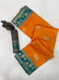 Mustard Gold & Teal Green Premium Luxury Silk Saree with Gold Zari Lotus Border & Royal Pallu