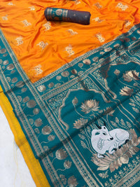 Mustard Gold & Teal Green Premium Luxury Silk Saree with Gold Zari Lotus Border & Royal Pallu