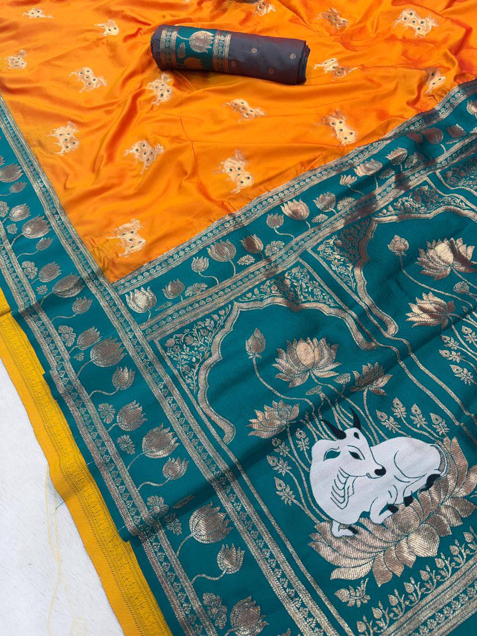 Mustard Gold & Teal Green Premium Luxury Silk Saree with Gold Zari Lotus Border & Royal Pallu