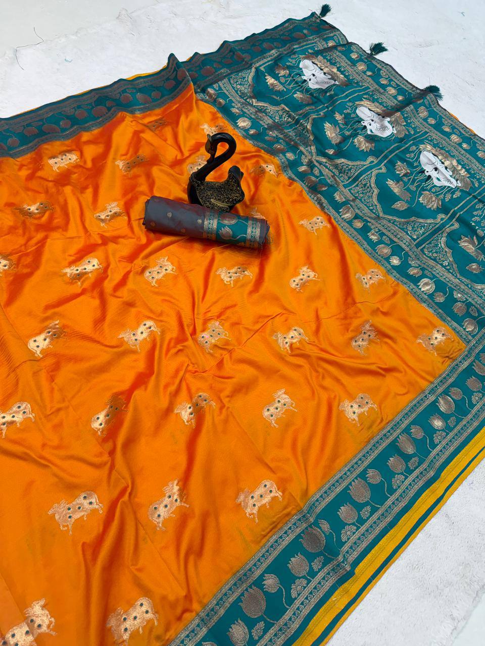 Mustard Gold & Teal Green Premium Luxury Silk Saree with Gold Zari Lotus Border & Royal Pallu