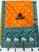 Mustard Gold & Teal Green Premium Luxury Silk Saree with Gold Zari Lotus Border & Royal Pallu