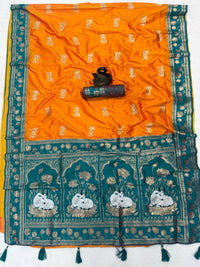 Mustard Gold & Teal Green Premium Luxury Silk Saree with Gold Zari Lotus Border & Royal Pallu