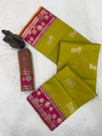 Parrot Green & Magenta Premium Luxury Silk Saree with Elephant Zari Motifs & Heavy Lotus Border