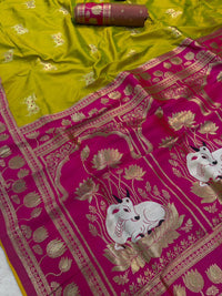 Parrot Green & Magenta Premium Luxury Silk Saree with Elephant Zari Motifs & Heavy Lotus Border