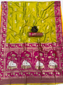 Parrot Green & Magenta Premium Luxury Silk Saree with Elephant Zari Motifs & Heavy Lotus Border