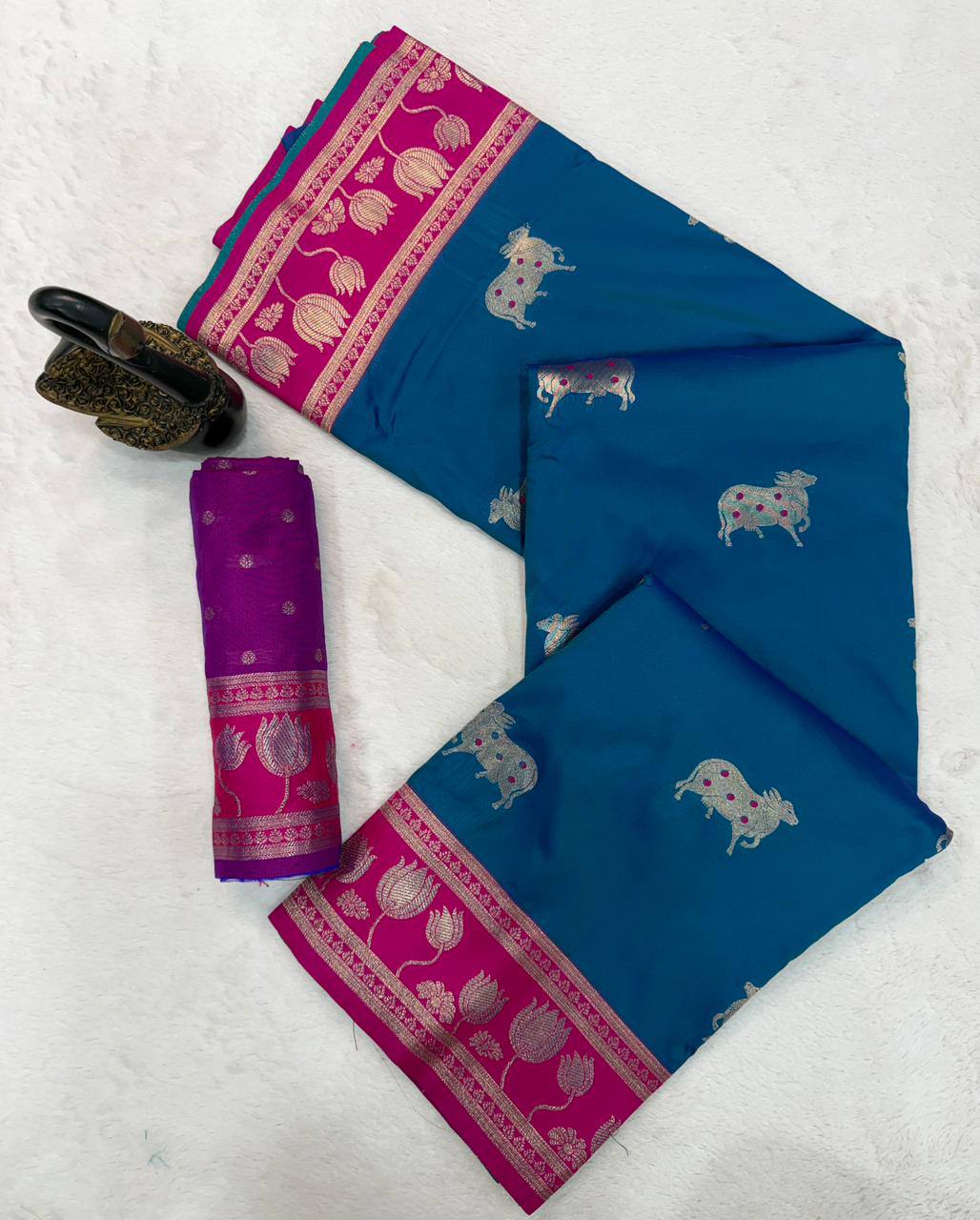 Teal Blue & Magenta Premium Luxury Silk Saree with Elephant Zari Motifs & Heavy Designer Border