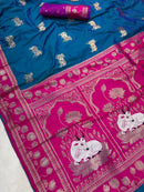 Teal Blue & Magenta Premium Luxury Silk Saree with Elephant Zari Motifs & Heavy Designer Border
