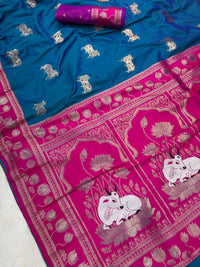 Teal Blue & Magenta Premium Luxury Silk Saree with Elephant Zari Motifs & Heavy Designer Border