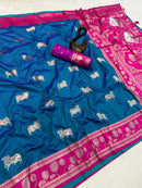 Teal Blue & Magenta Premium Luxury Silk Saree with Elephant Zari Motifs & Heavy Designer Border