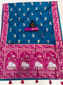 Teal Blue & Magenta Premium Luxury Silk Saree with Elephant Zari Motifs & Heavy Designer Border