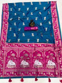 Teal Blue & Magenta Premium Luxury Silk Saree with Elephant Zari Motifs & Heavy Designer Border