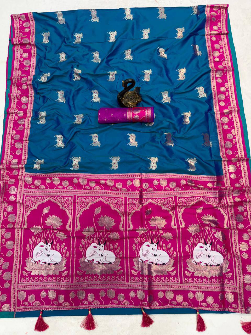 Teal Blue & Magenta Premium Luxury Silk Saree with Elephant Zari Motifs & Heavy Designer Border