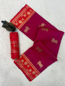 Wine & Crimson Red Premium Luxury Silk Saree with Gold Zari Animal Motifs & Lotus Border