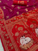 Wine & Crimson Red Premium Luxury Silk Saree with Gold Zari Animal Motifs & Lotus Border