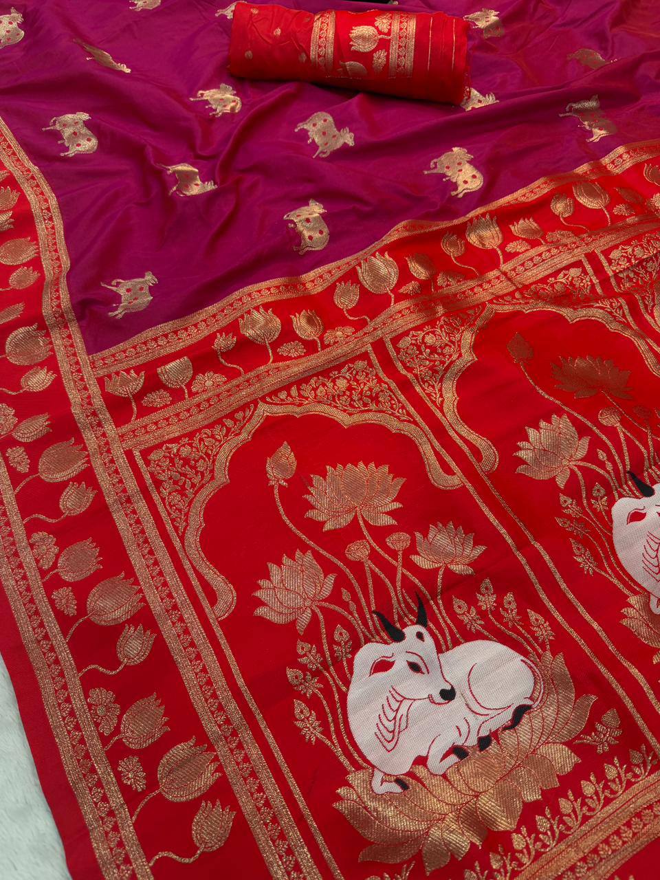 Wine & Crimson Red Premium Luxury Silk Saree with Gold Zari Animal Motifs & Lotus Border