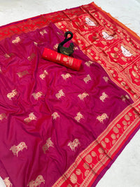 Wine & Crimson Red Premium Luxury Silk Saree with Gold Zari Animal Motifs & Lotus Border