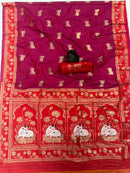 Wine & Crimson Red Premium Luxury Silk Saree with Gold Zari Animal Motifs & Lotus Border