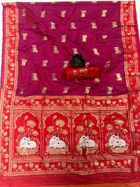 Wine & Crimson Red Premium Luxury Silk Saree with Gold Zari Animal Motifs & Lotus Border