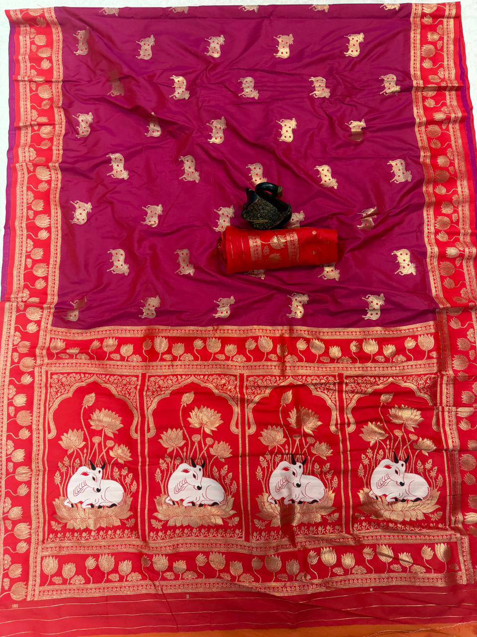 Wine & Crimson Red Premium Luxury Silk Saree with Gold Zari Animal Motifs & Lotus Border